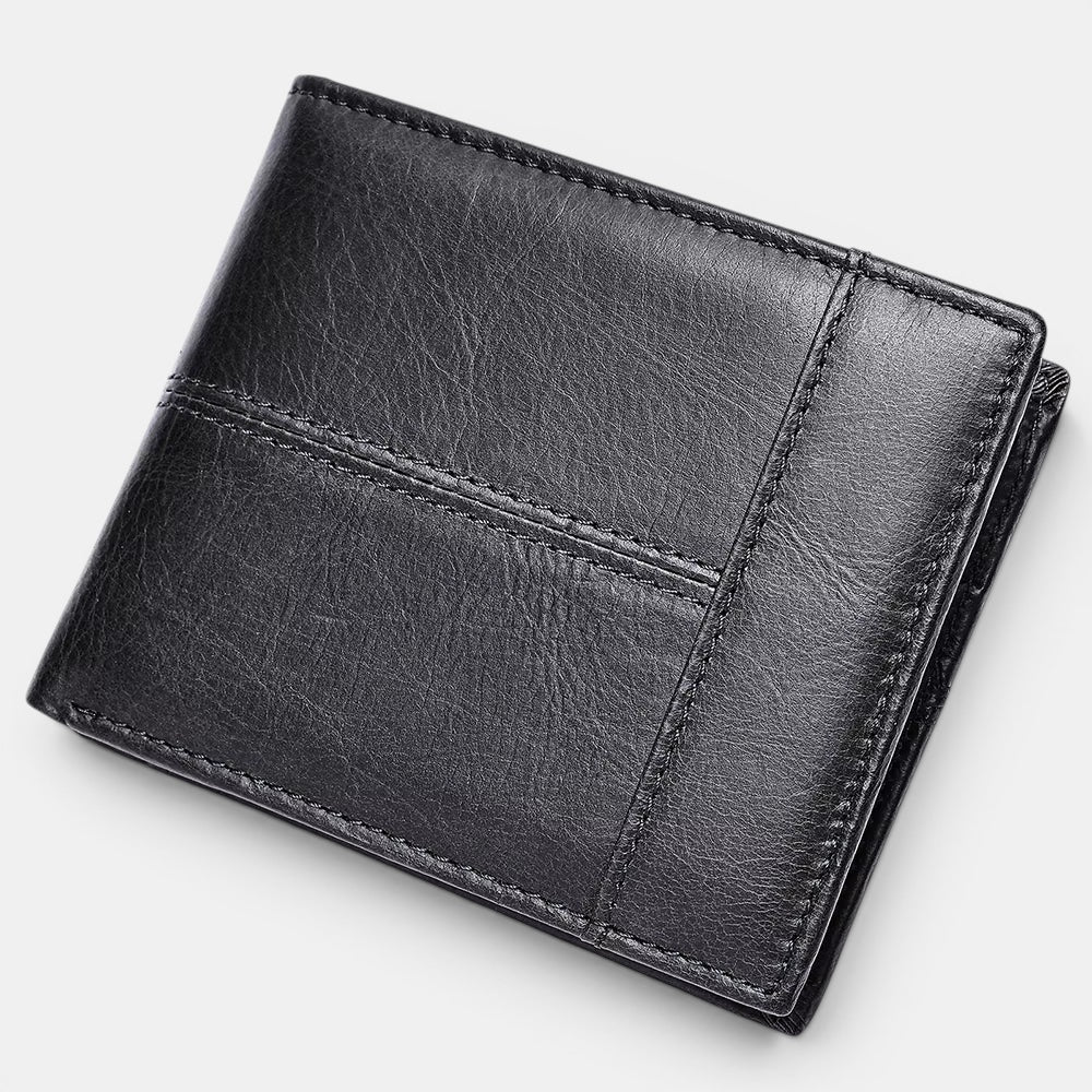 Barcon Getta Inc black full grain leather bi-fold wallet with 8 card slots, coin slot, bill compartments, ID window, and anti-theft swipe.