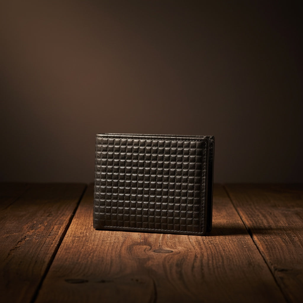 Barcon Getta Inc black embossed full grain leather bifold wallet with a textured grid pattern.