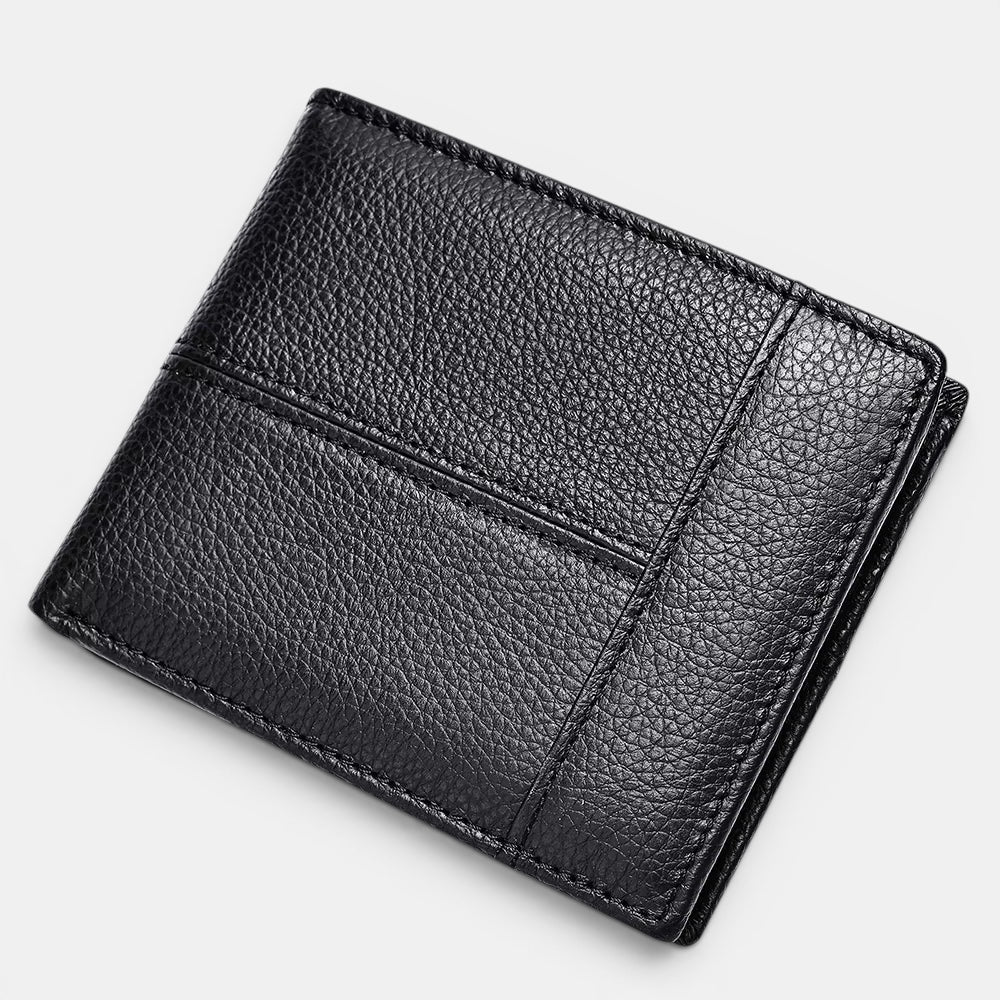Barcon Getta Inc black full grain leather bi-fold wallet with 8 card slots, coin slot, bill compartments, ID window, and anti-theft swipe.