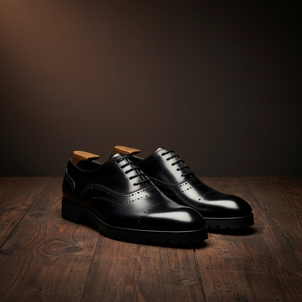Barcon Getta Inc. black leather wingtip Oxford dress shoes with brogue perforations and chunky lug sole.