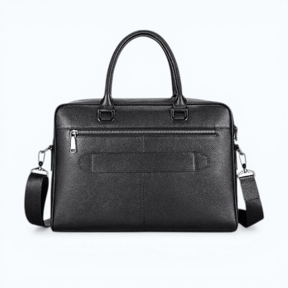 Barcon Getta Inc black Ethiopian leather workbag with multiple pockets and laptop compartment.