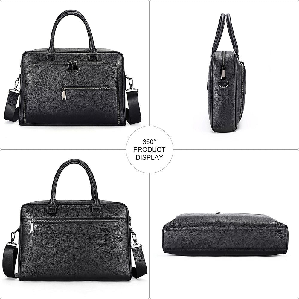 Barcon Getta Inc black Ethiopian leather workbag with multiple external and internal pockets, fits up to 15" laptop.
