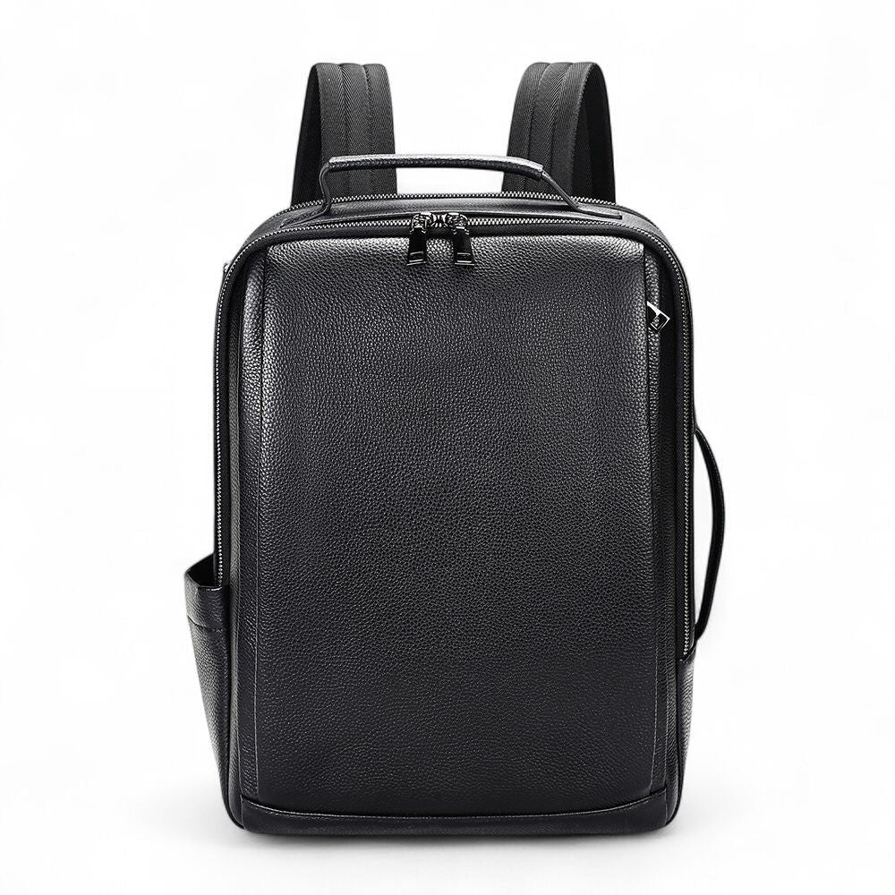Barcon Getta Inc black full grain leather WORKDAY backpack with multiple pockets and padded straps.