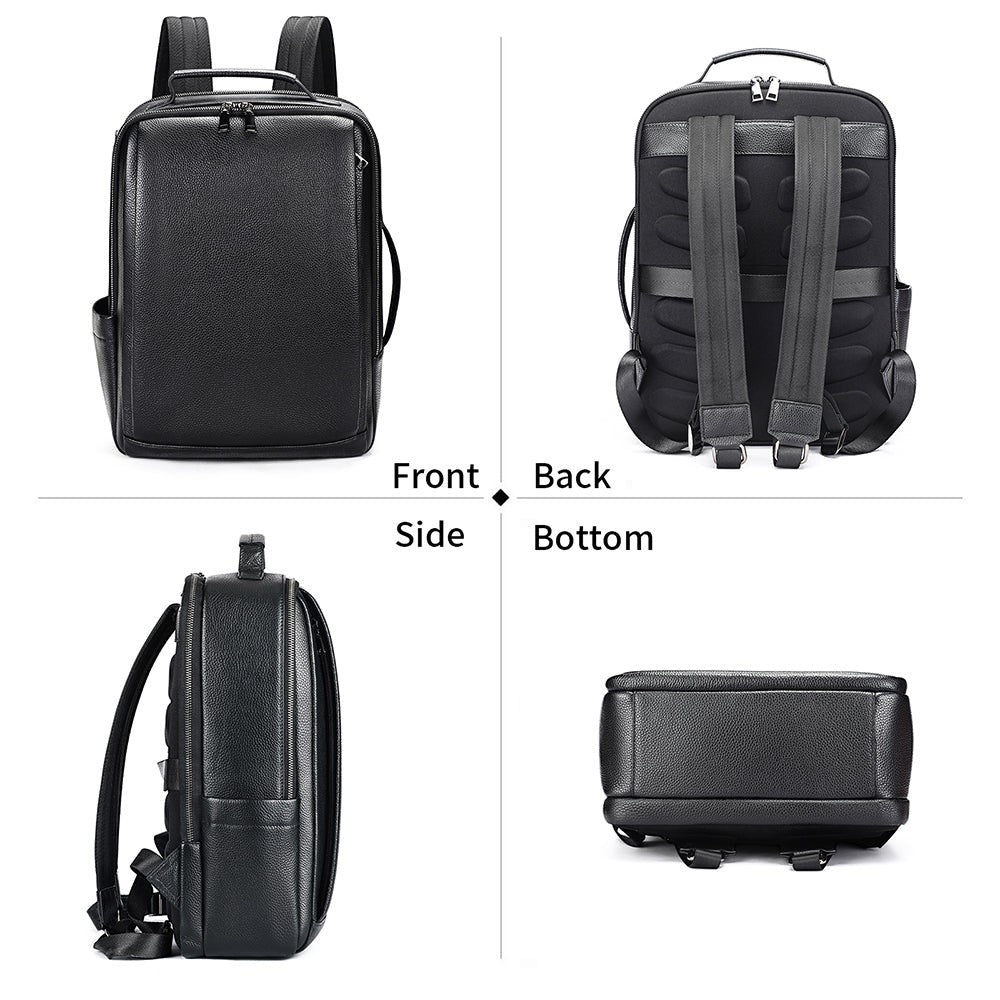 Barcon Getta Inc black full grain leather WORKDAY backpack with multiple pockets and padded straps. Fits up to 16" laptop.