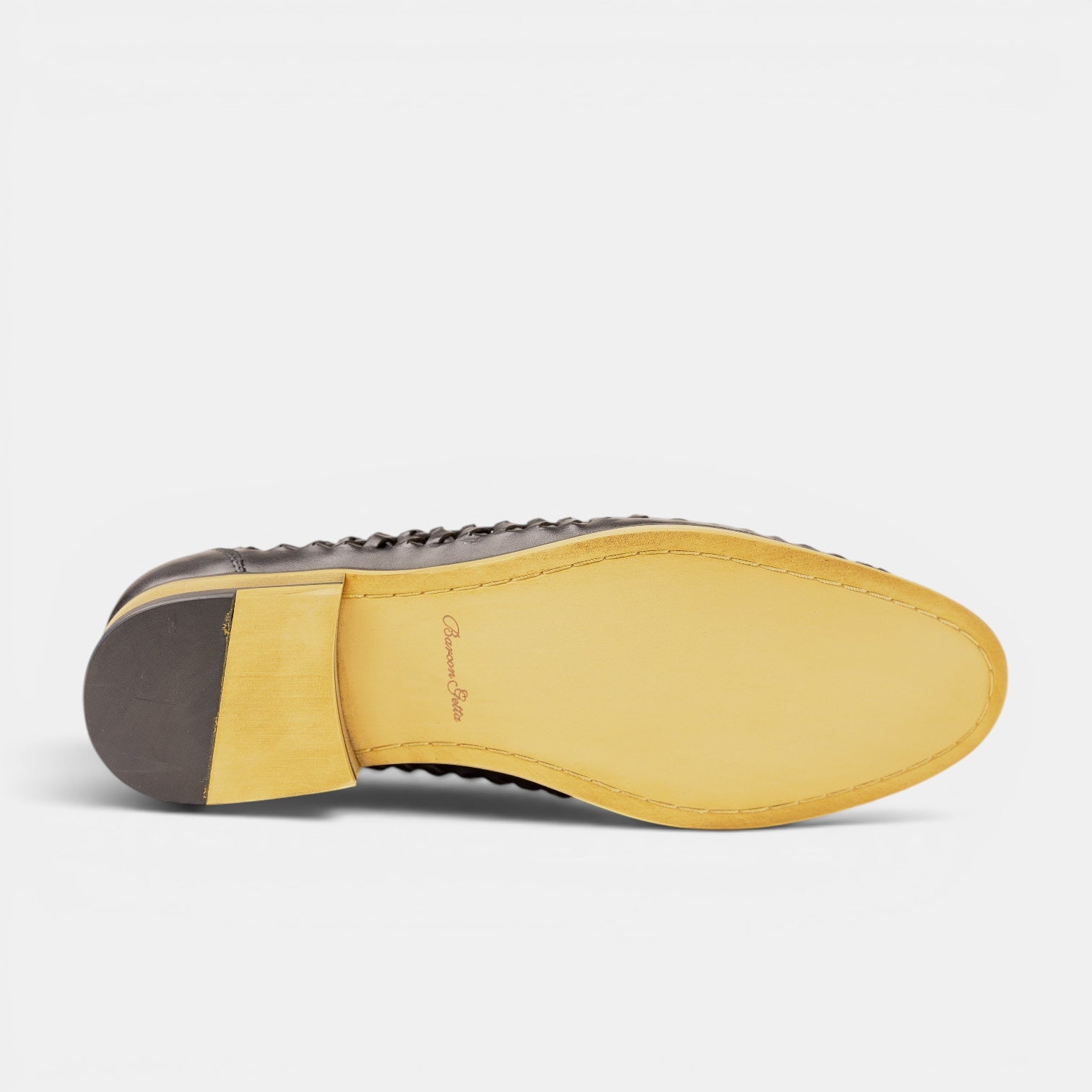 Barcon Getta Inc MASSAWA black leather woven open loafers, slip-on style with classic silhouette.