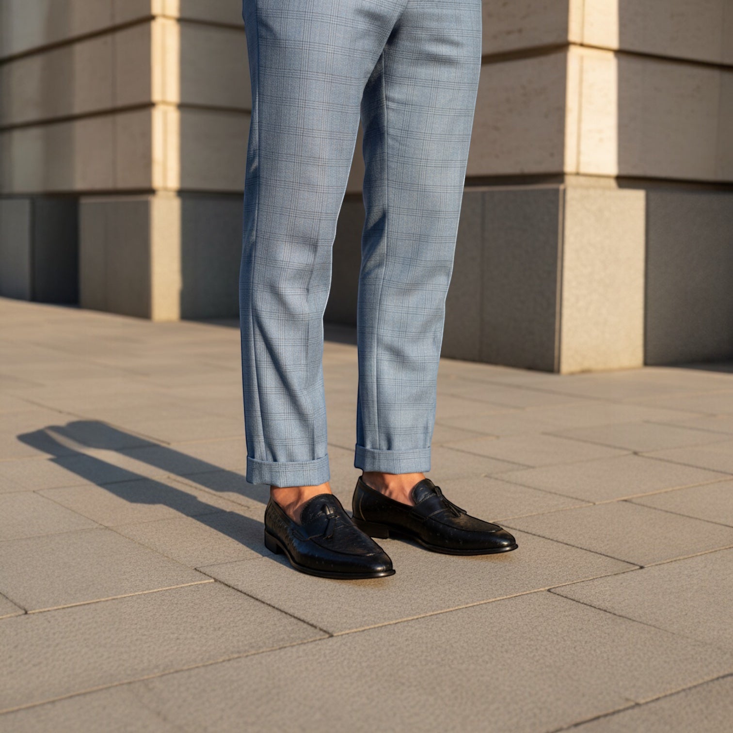 Barcon Getta Inc black ostrich-embossed leather kiltie tassel loafers with a pointed toe and stacked heel.