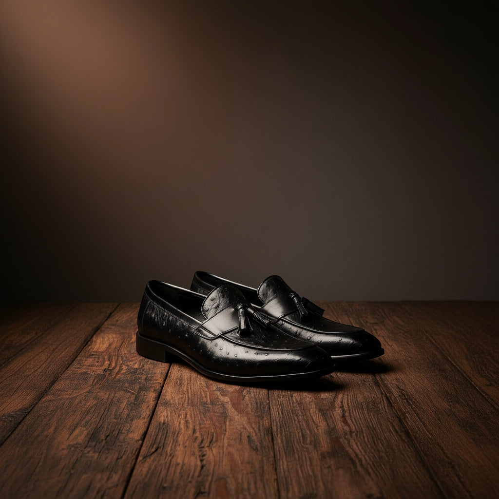 Barcon Getta Inc LILONGWE black ostrich-embossed leather kiltie tassel loafers with pointed toe and stacked heel.