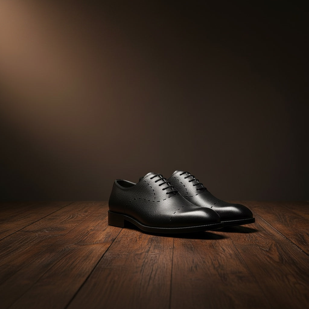 Barcon Getta Inc. black Saffiano leather Oxford dress shoes with embossed texture and hand-stitched detail.