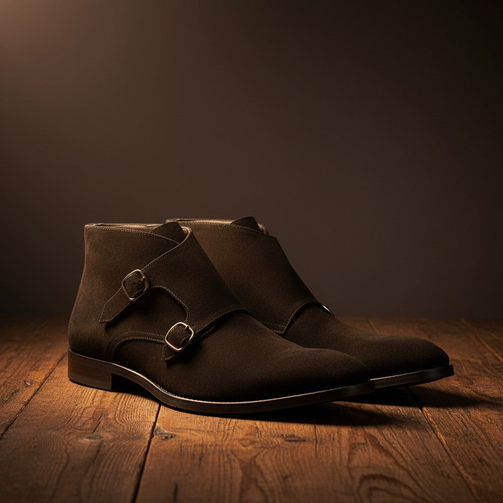 Barcon Getta Inc black suede leather double monk strap ankle boots with silver buckles.