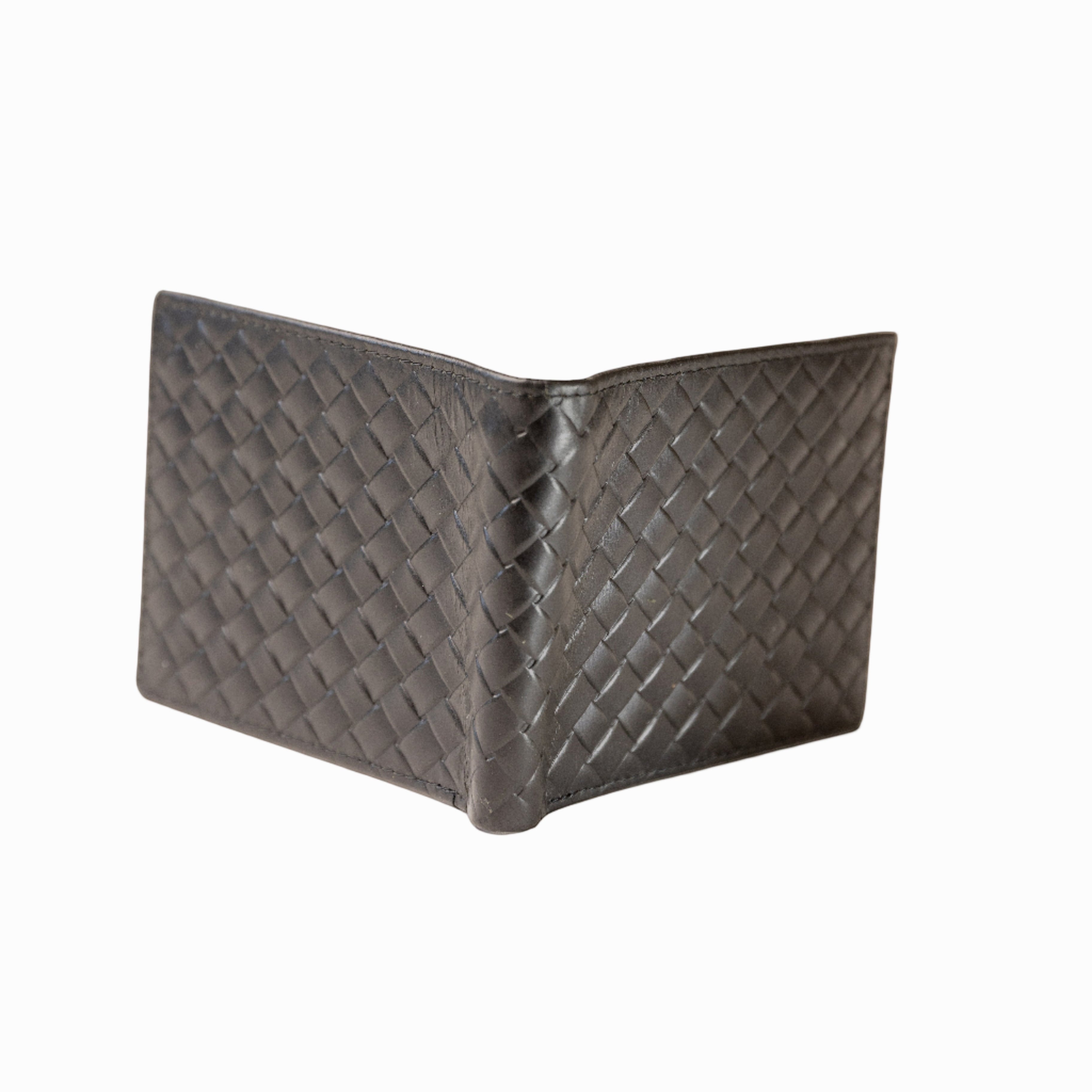Barcon Getta Inc black woven leather bi-fold wallet with 3 card slots and 2 money slots.