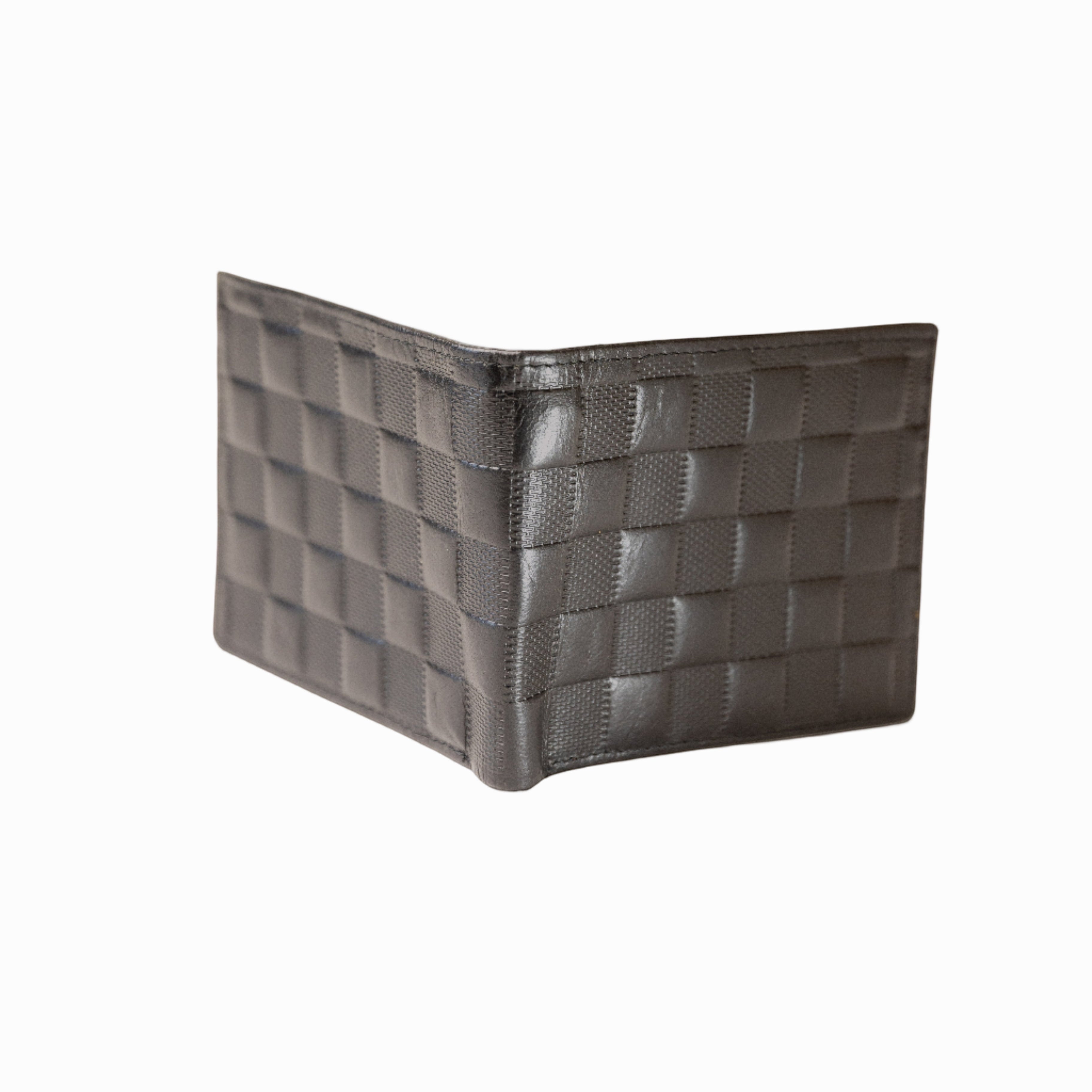 Barcon Getta Inc black woven leather bifold wallet with 4 card slots, 1 ID window, and 2 money slots.