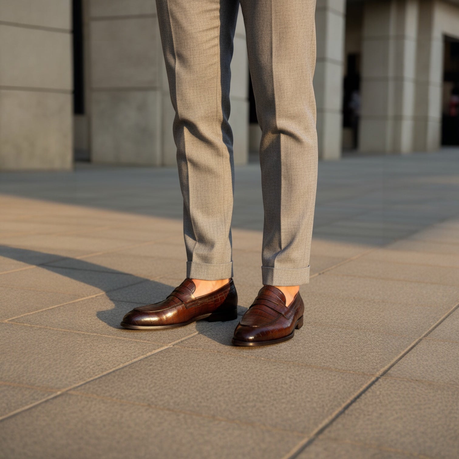 Barcon Getta Inc BRAZZAVILLE dark espresso brown croc-embossed leather penny loafers with tan leather shank and rubber sole.