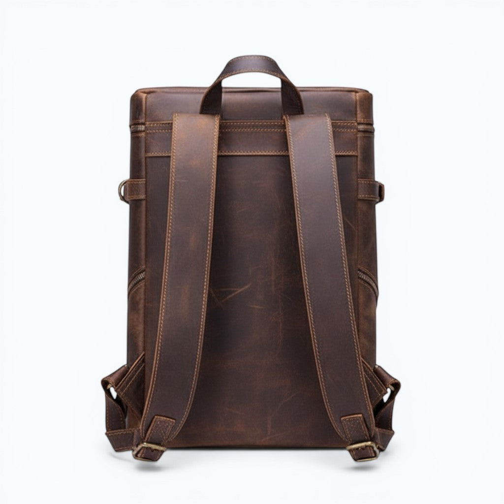 Barcon Getta Inc PATHWAY brown full grain leather backpack with breathable straps and trolley sleeve. Fits up to 17" laptop.