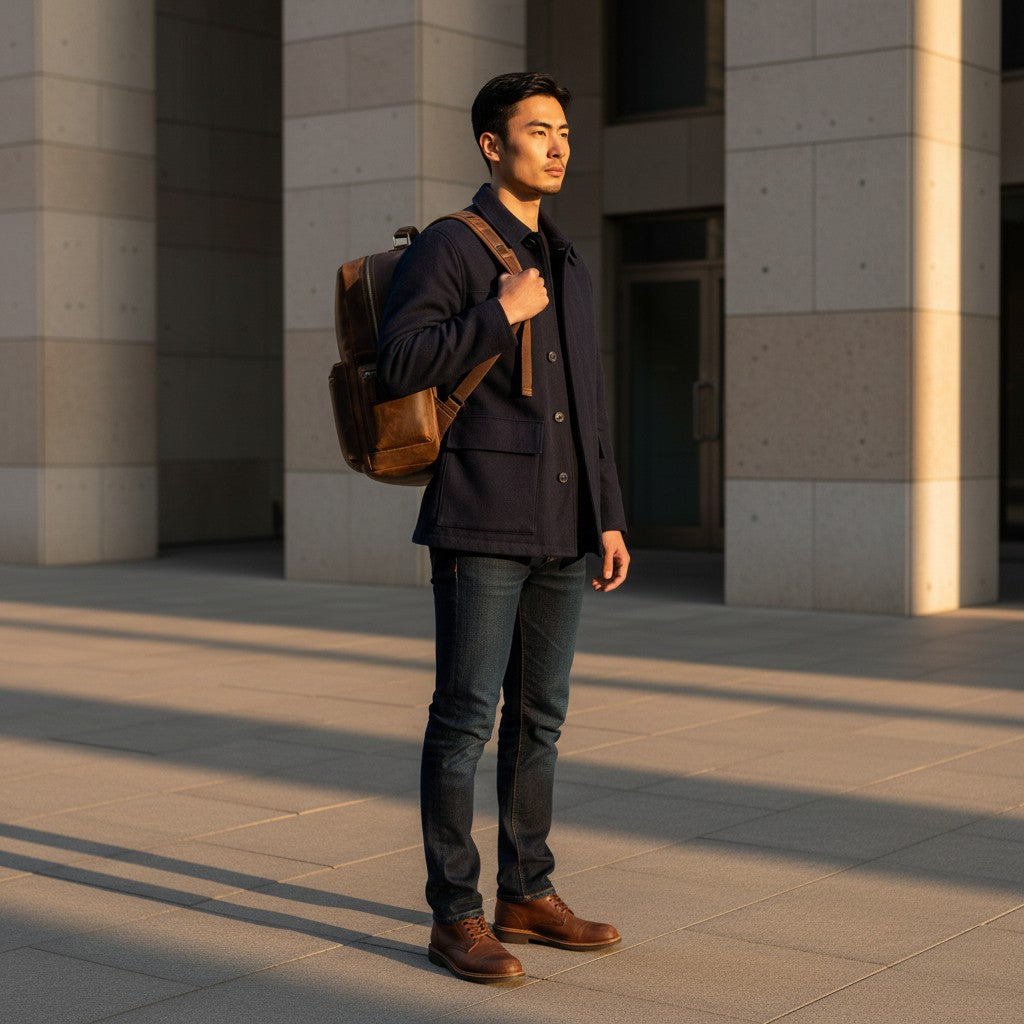 Barcon Getta Inc brown Ethiopian leather backpack with multiple zipper pockets and padded straps. Fits up to 16" laptop.