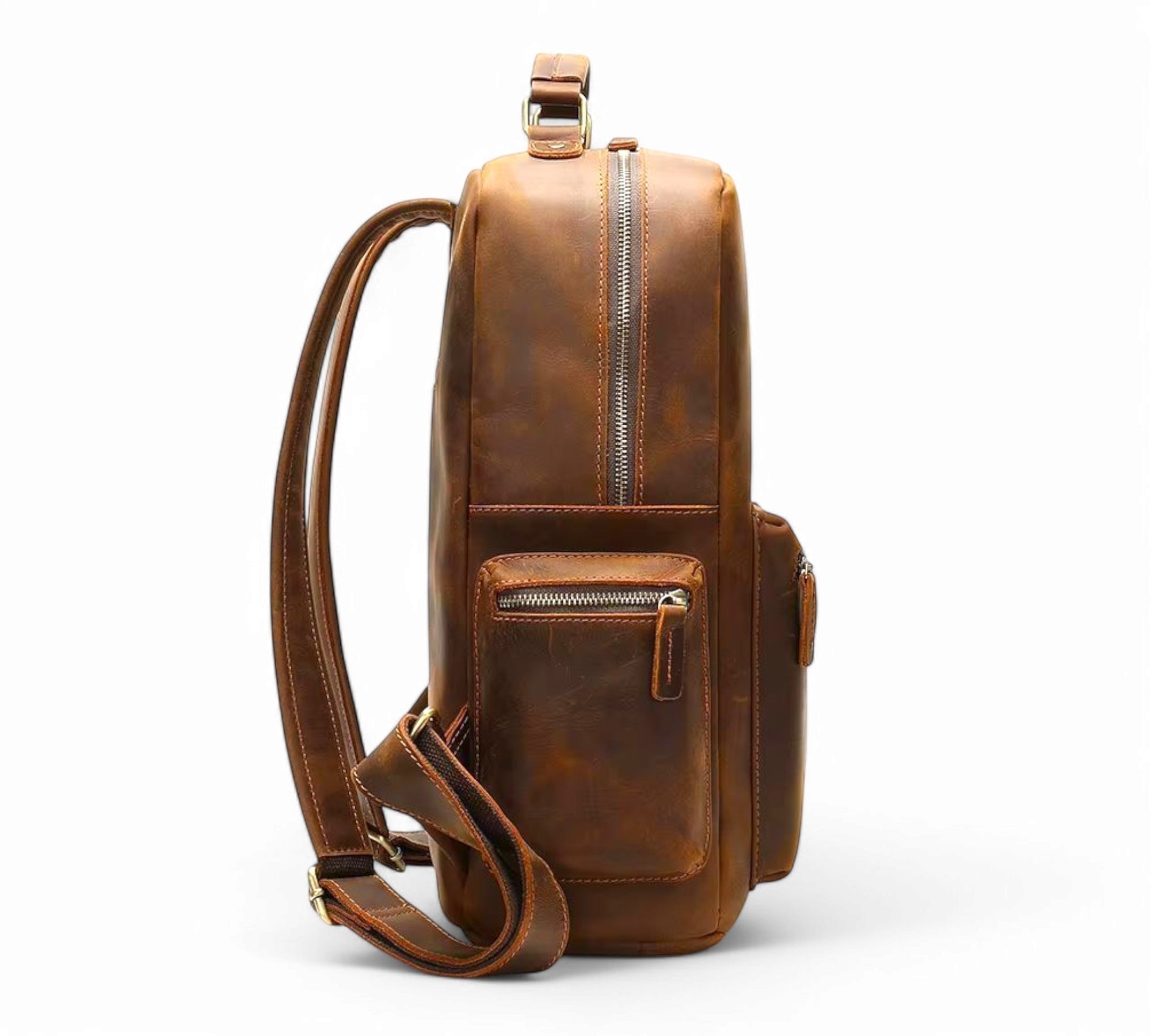 Barcon Getta Inc brown Ethiopian leather backpack with multiple zipper pockets and adjustable straps.