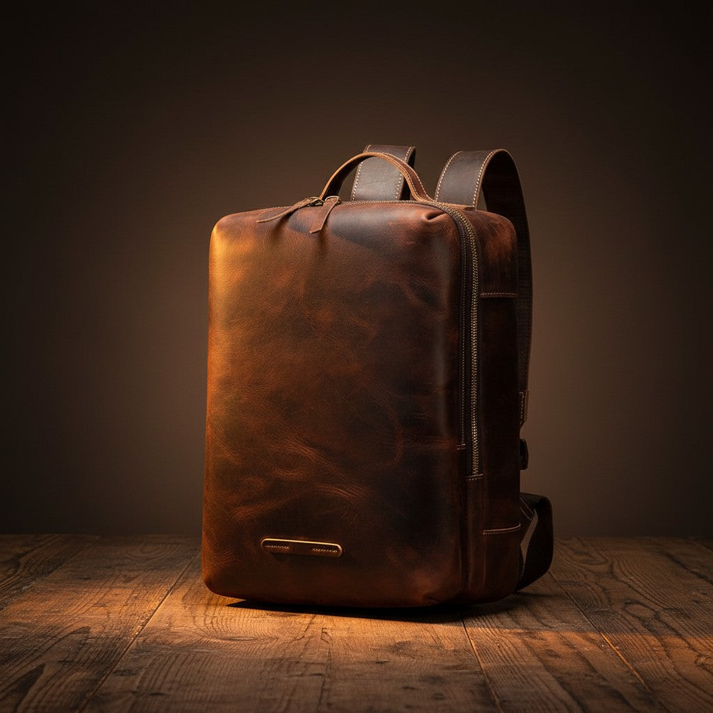Barcon Getta Inc brown crazy horse leather backpack with dual zip closure and adjustable straps.