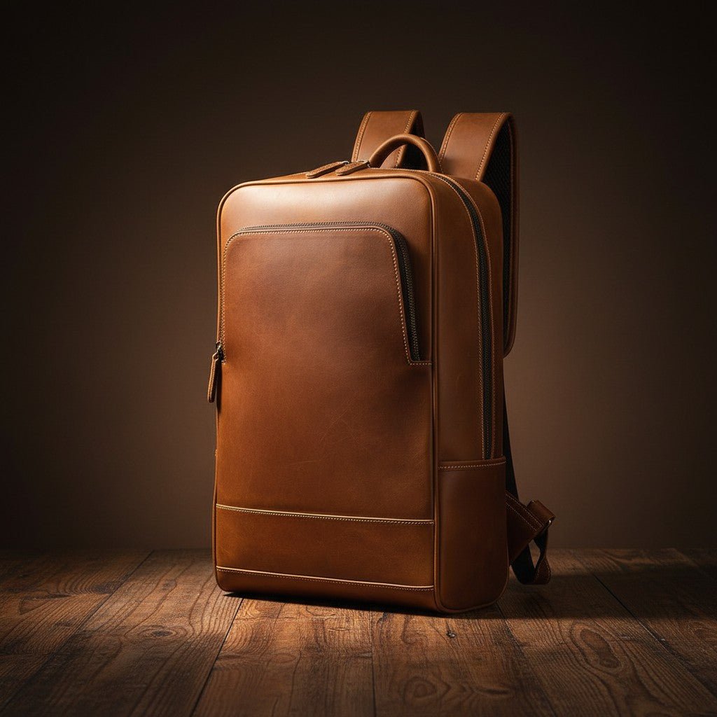 Barcon Getta Inc brown full grain leather backpack with padded straps, laptop compartment, and multiple zippered pockets.