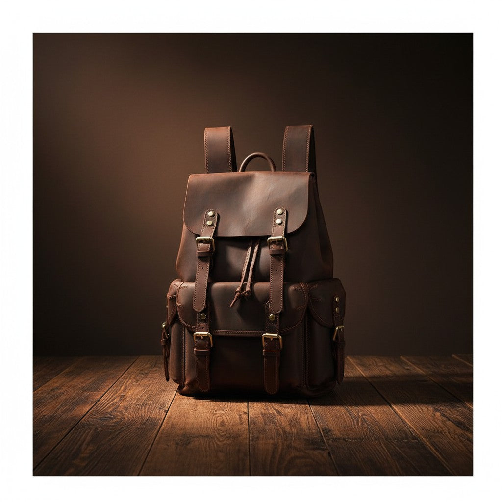 Barcon Getta Inc brown crazy horse leather backpack with buckle closures and drawstring, suitable for travel and laptops up to 16".