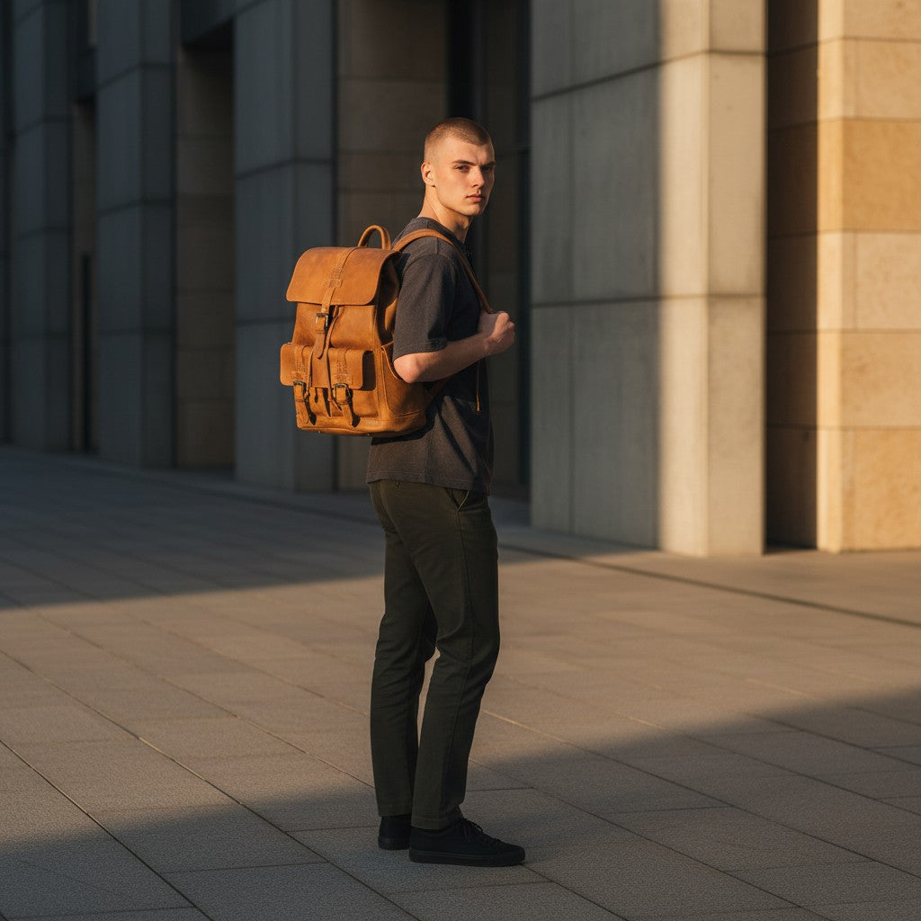 Barcon Getta Inc brown full grain leather backpack with buckle closures and side pockets. Handmade.