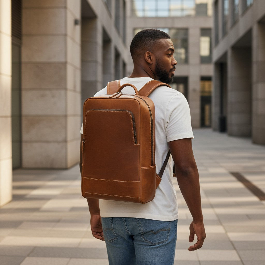 Barcon Getta Inc brown full grain leather backpack with padded straps and multiple zippered pockets, fits 14-16 inch laptop.
