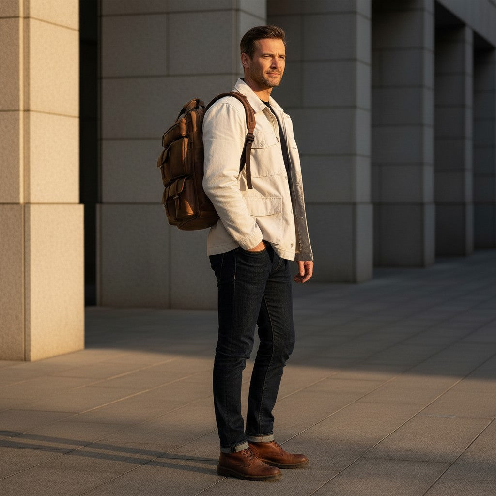 Barcon Getta Inc ANKELBA BP-3506 brown full grain leather backpack with multiple pockets and laptop compartment.