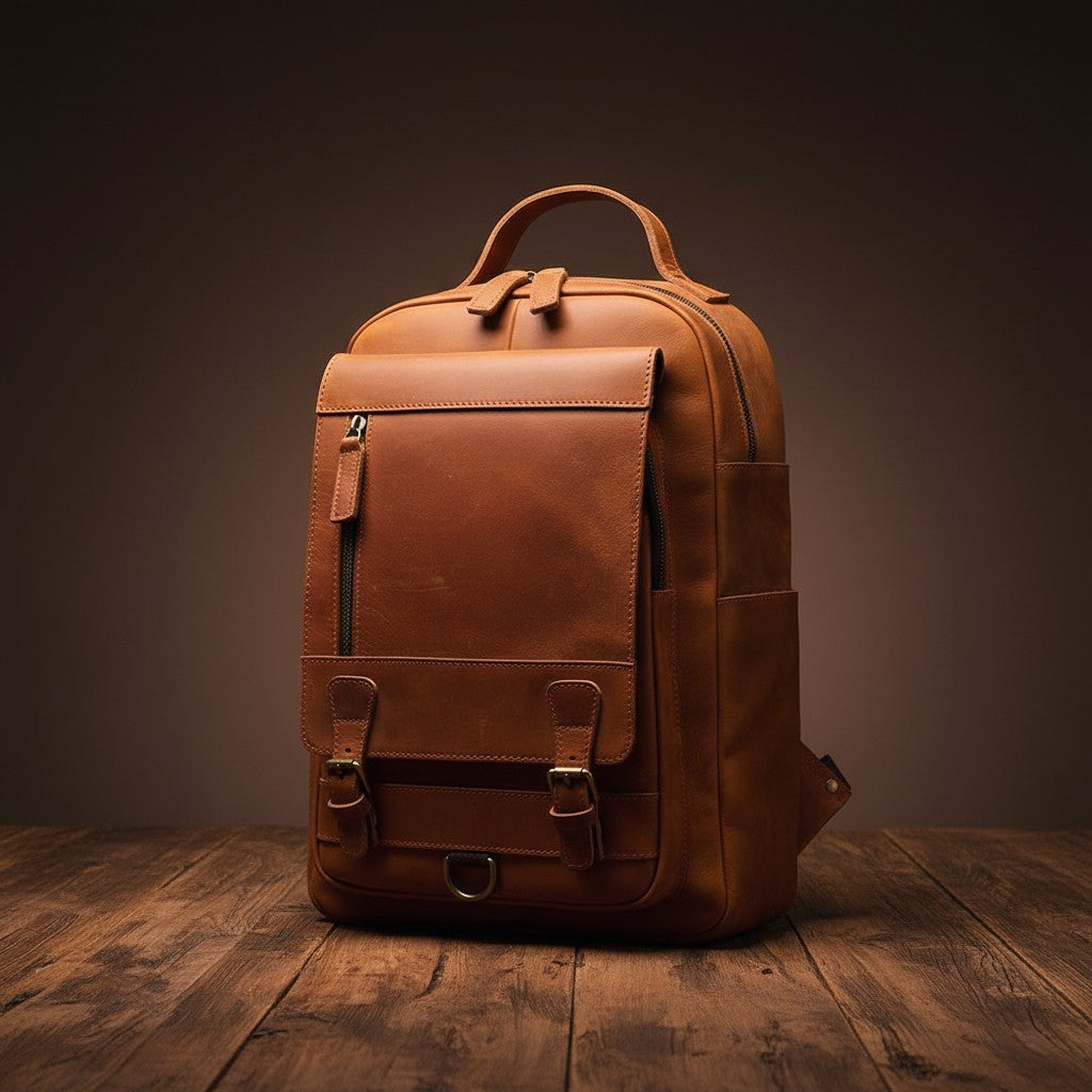 Barcon Getta Inc brown full grain leather backpack with buckle closures and multiple zip pockets. Ideal for travel or daily use.