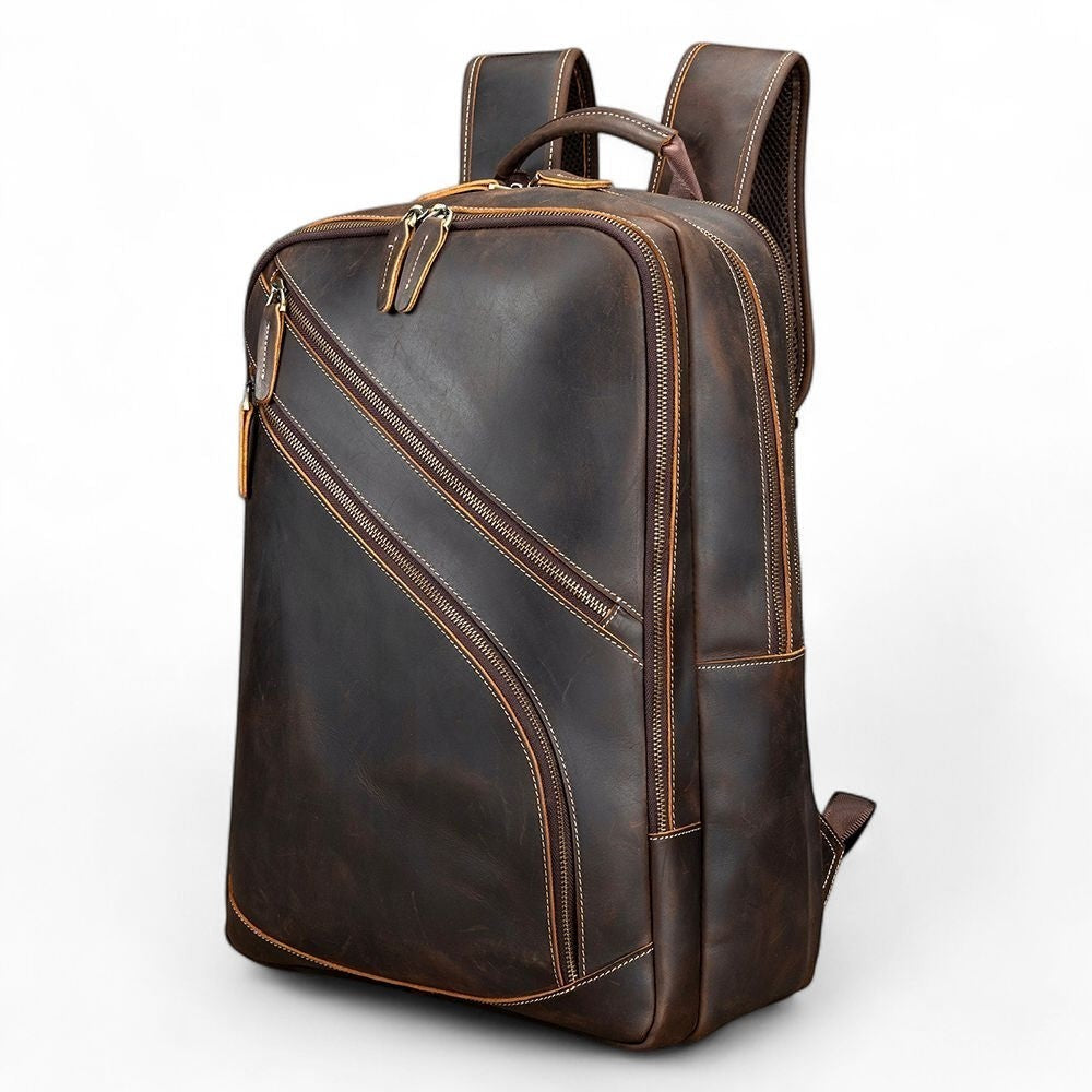 Barcon Getta Inc dark brown crazy horse leather backpack with multiple zippered pockets and padded straps.