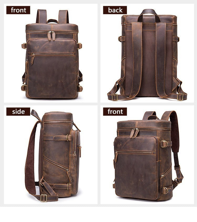 Barcon Getta Inc brown full grain leather PATHWAY backpack with multiple pockets and adjustable straps. Fits up to 17" laptop.