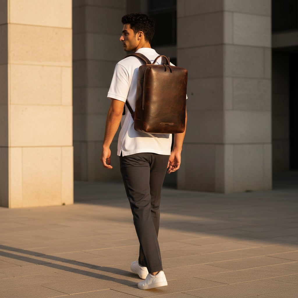 Barcon Getta Inc brown crazy horse leather backpack, handmade, convertible to handbag, with multiple pockets.