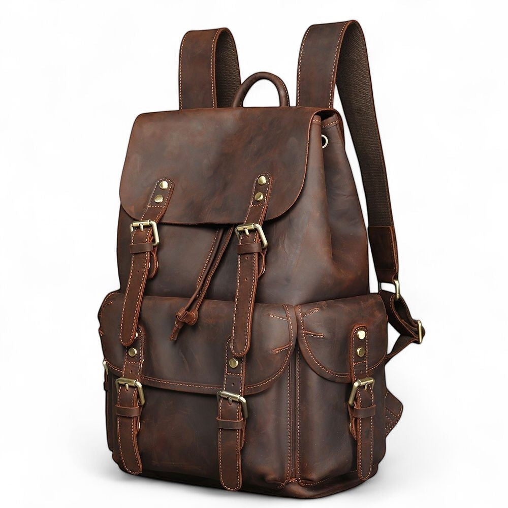 Barcon Getta Inc distressed brown leather backpack with drawstring closure, flap-top lid, buckle straps, and exterior pockets.