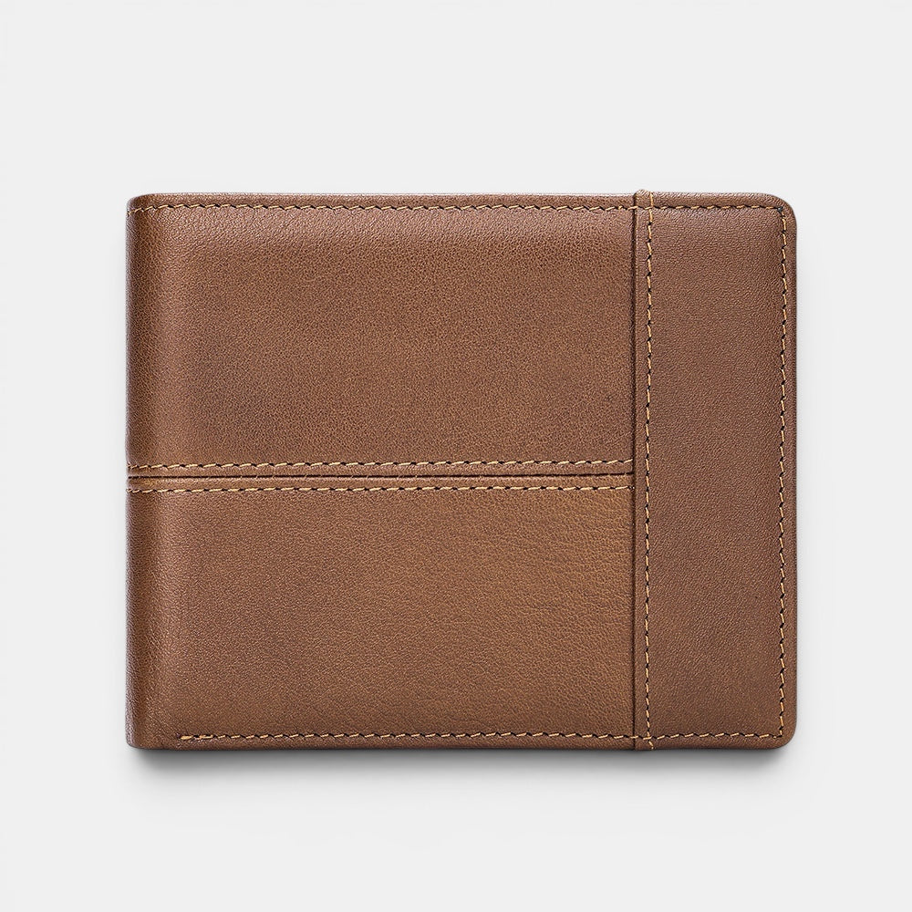 Barcon Getta Inc brown full grain leather bi-fold wallet with 8 card slots, coin slot, bill compartments, ID window, and anti-theft swipe.