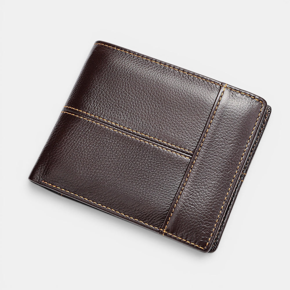Barcon Getta Inc brown full grain leather bi-fold wallet with 8 card slots, coin slot, bill compartments, ID window, and anti-theft swipe.