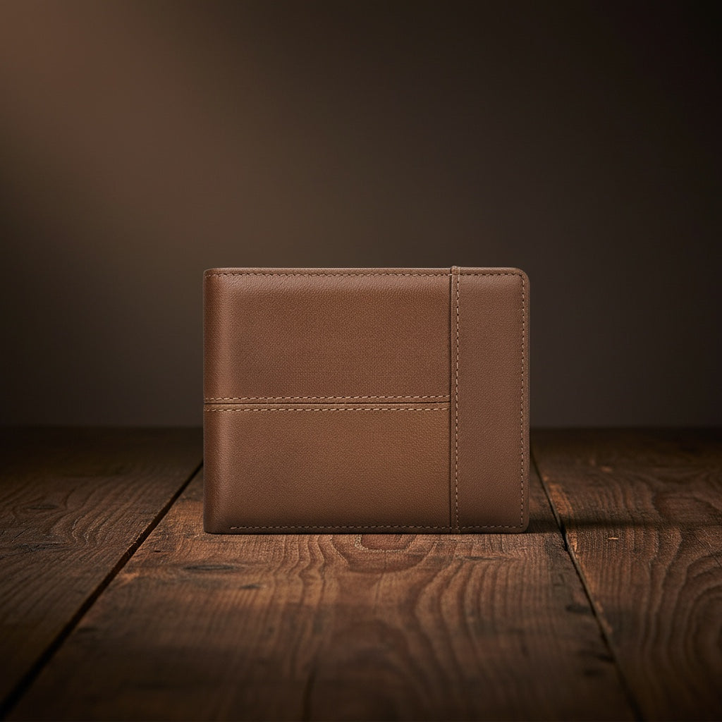 Barcon Getta Inc brown full grain leather bi-fold wallet with 8 card slots, coin slot, bill compartments, ID window, and anti-theft swipe.