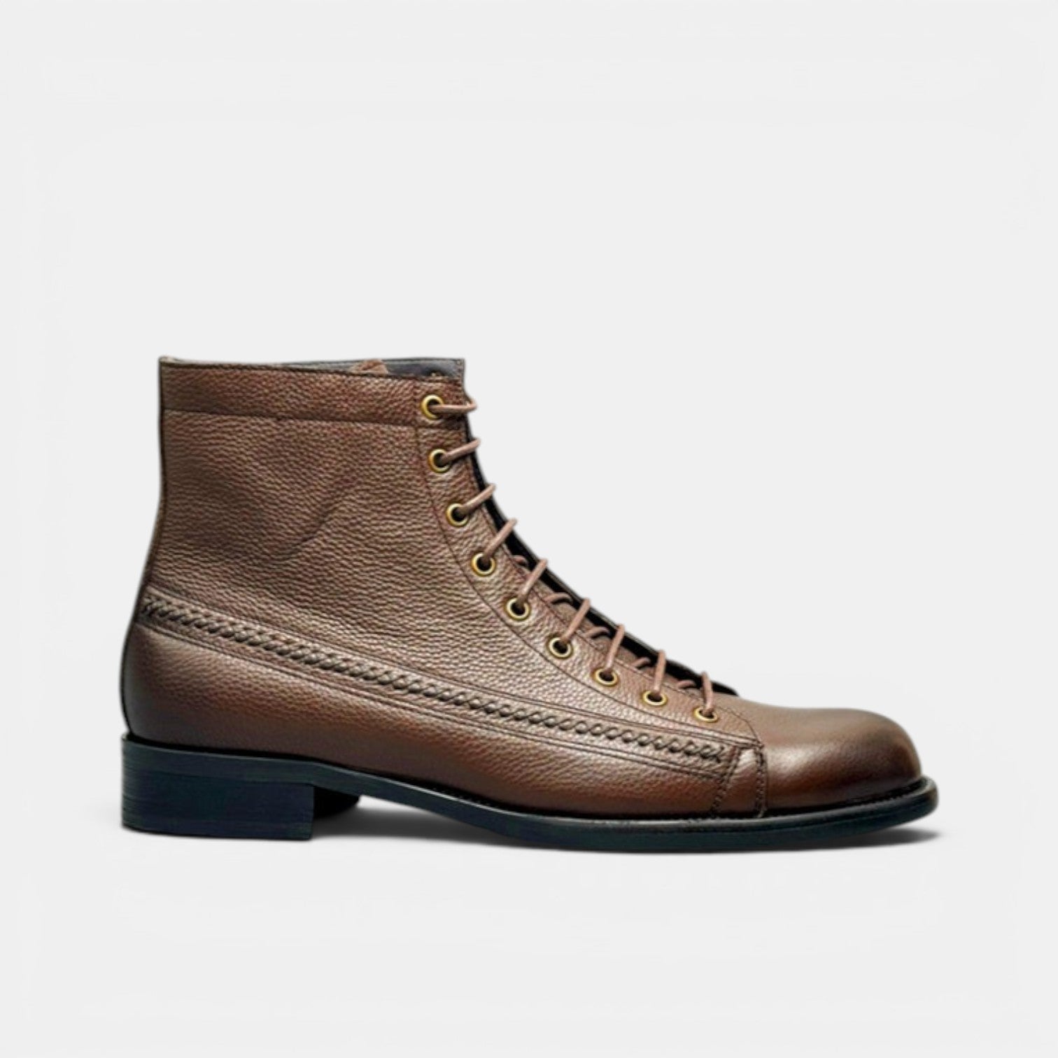 Barcon Getta Inc brown full grain calf leather lace-up boots with decorative stitching detail.