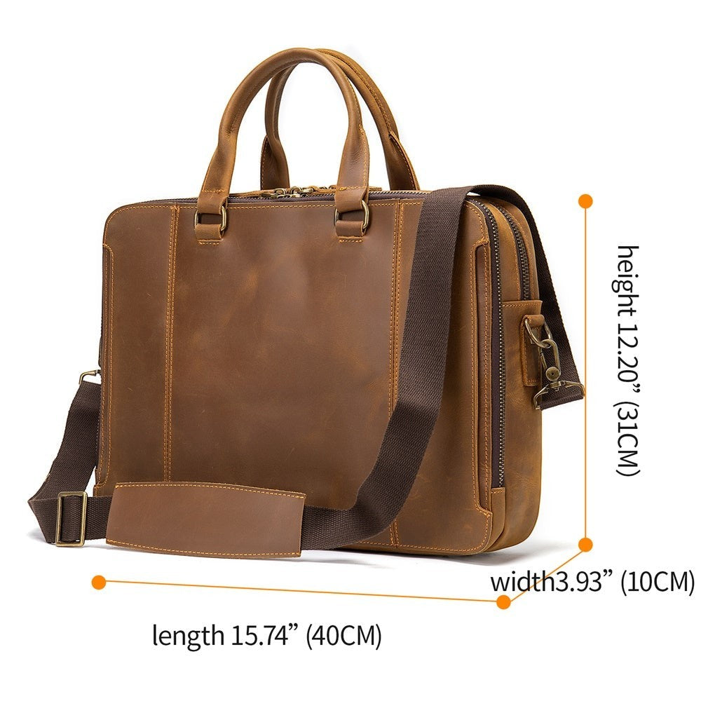 Barcon Getta Inc brown Ethiopian leather briefcase with multiple pockets and a laptop compartment for up to 17" laptops.