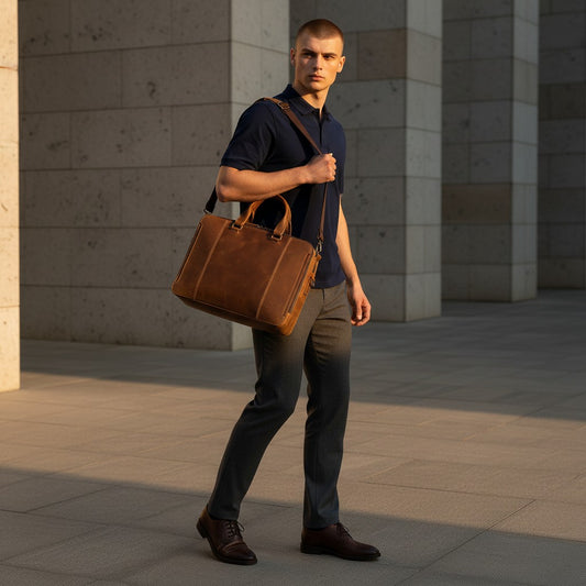 Barcon Getta Inc brown leather briefcase with top handles, adjustable strap, and multiple zippered pockets. Fits up to 17" laptop.