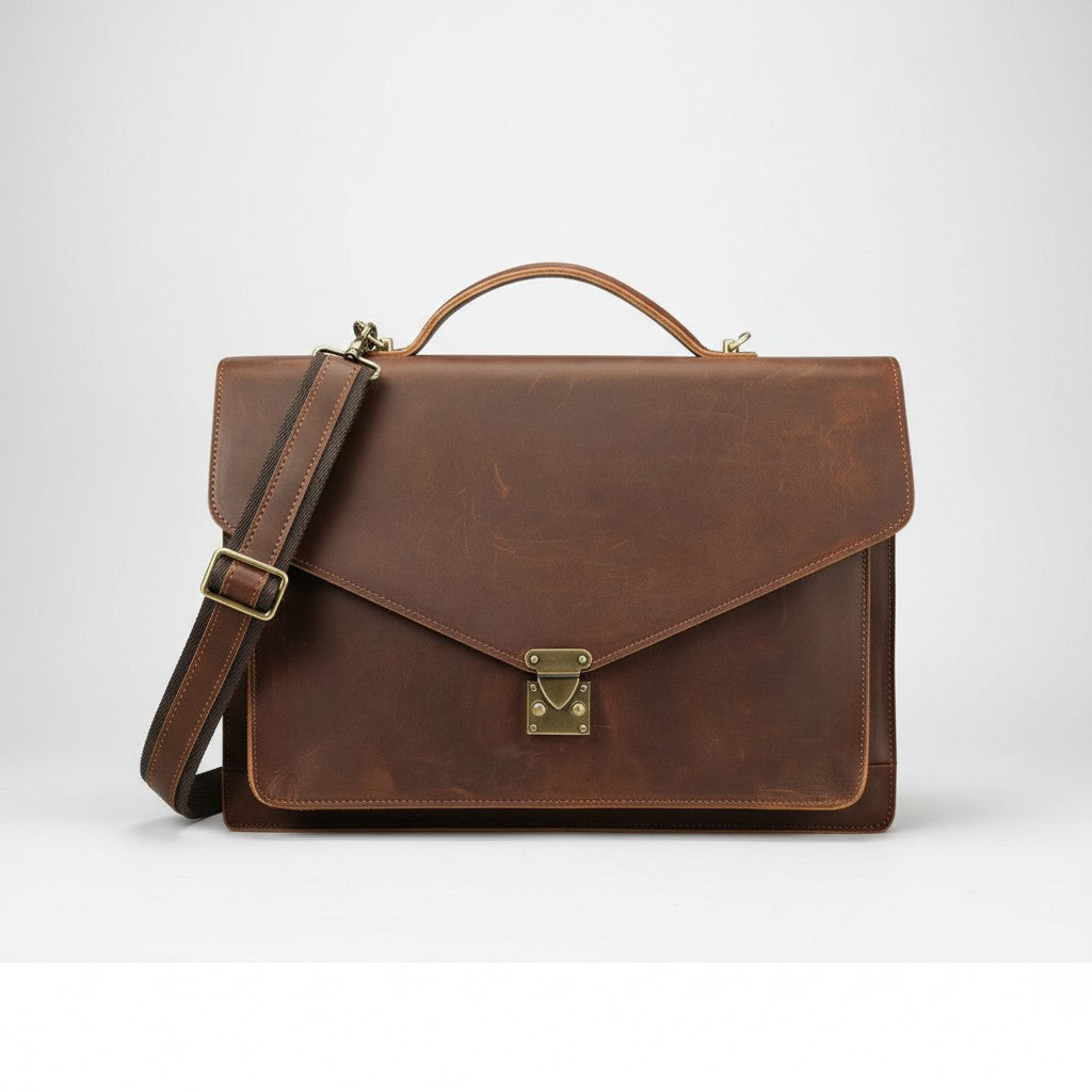 Barcon Getta Inc The Strategist brown leather briefcase with adjustable strap, multiple pockets, and laptop compartment.