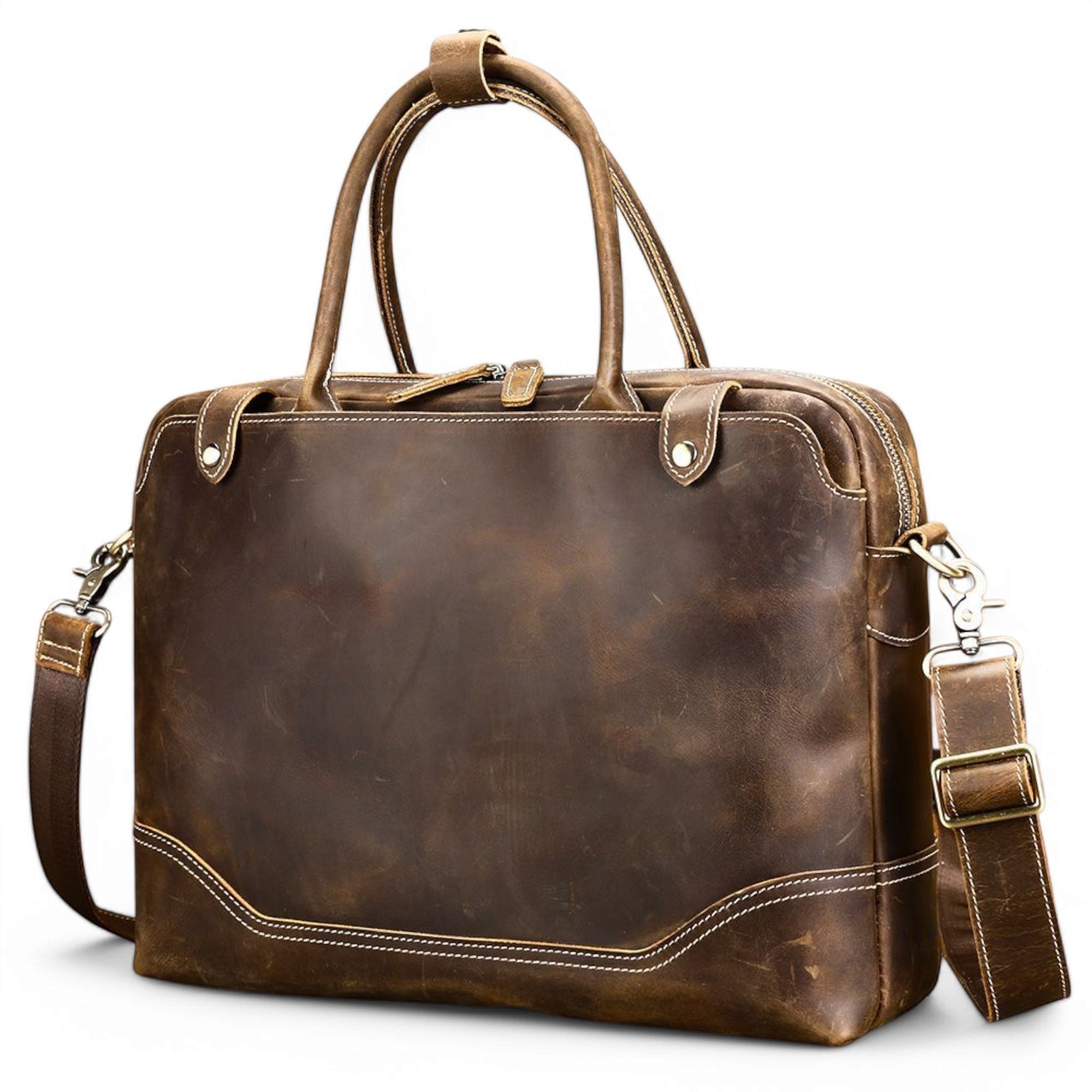 Barcon Getta Inc The Deal Maker brown distressed leather briefcase with top handles and detachable strap, fits up to 17" laptop.