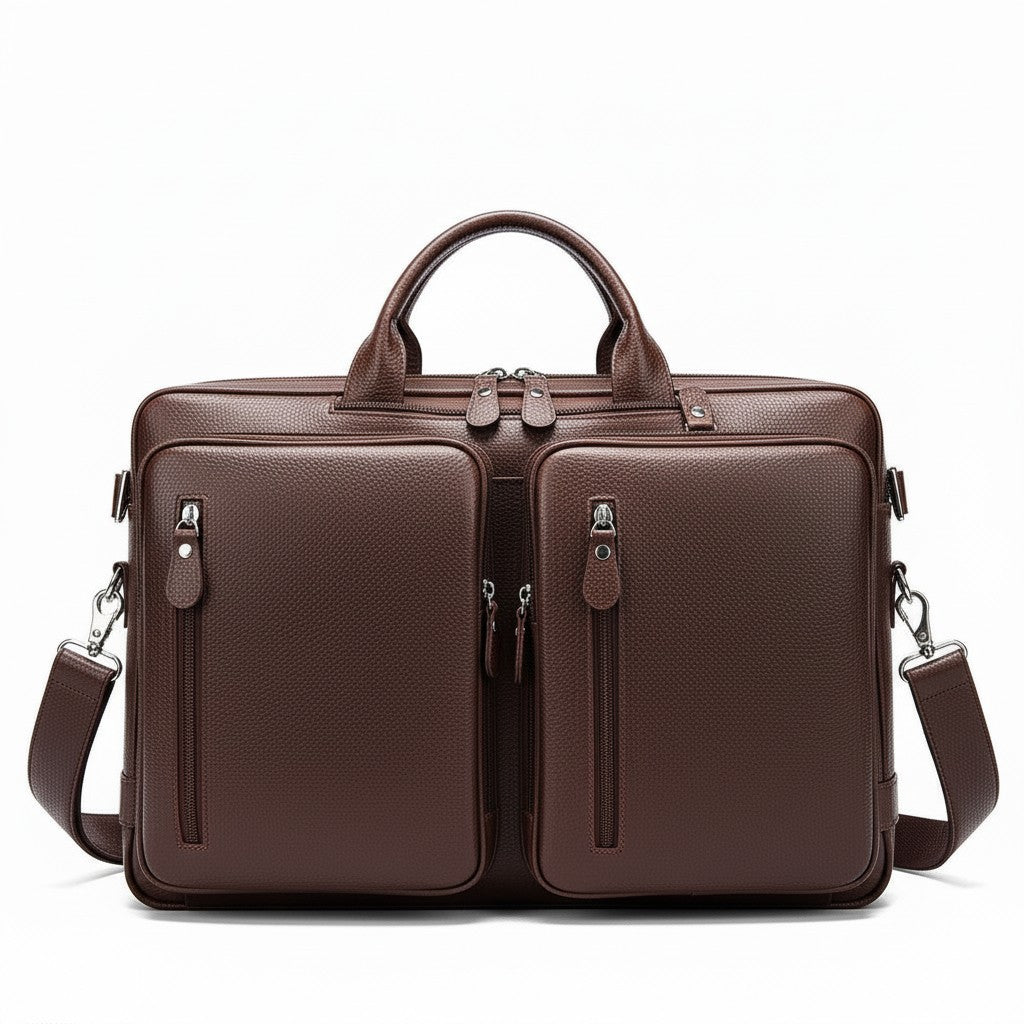 Barcon Getta Inc deep brown textured leather briefcase with dual compartments and front zippered pockets.