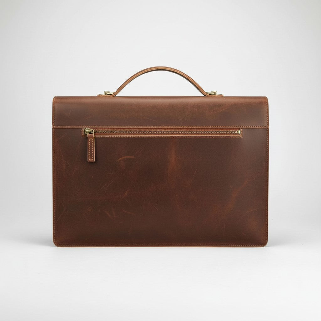 Barcon Getta Inc The Strategist brown leather briefcase with top handle and brass hardware. Fits up to 16" laptop.