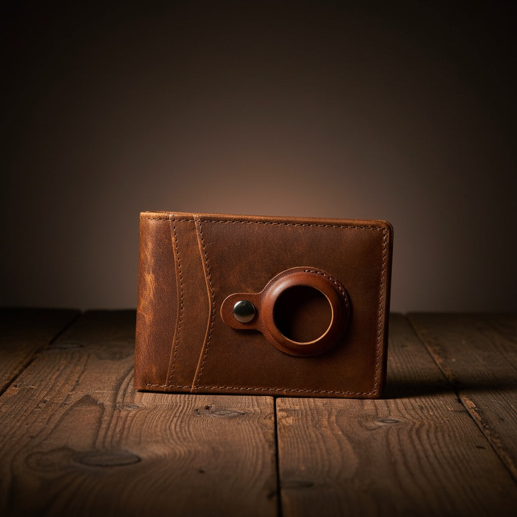 Barcon Getta Inc brown full grain leather compact card holder with 8 card slots, bill strap, and Air Tag slot.