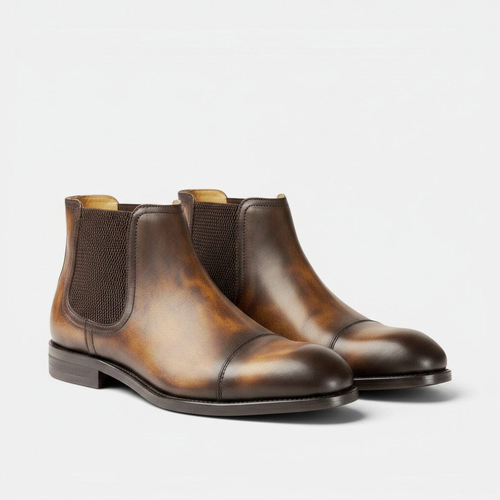 Barcon Getta Inc ADDIS ABABA brown leather Chelsea boot with cap toe and elasticated side panels.