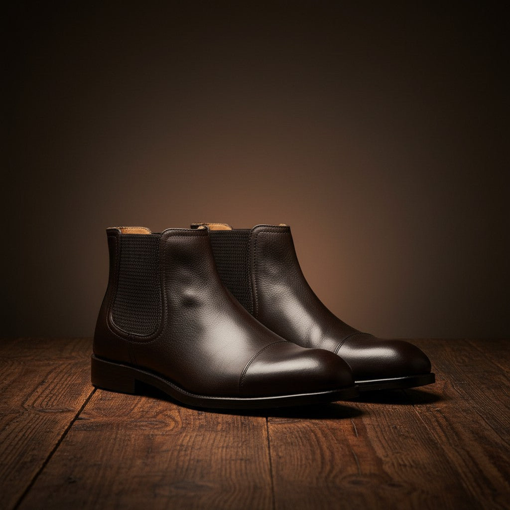 Barcon Getta Inc ADDIS ABABA dark brown leather Chelsea boots with cap toe and elasticated side panels.