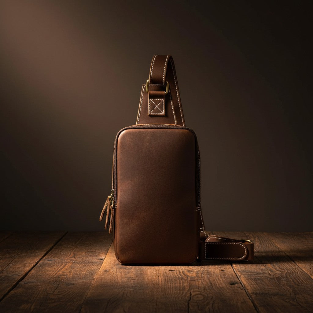 Barcon Getta Inc brown leather cross-body bag with adjustable strap and multiple zippered compartments.