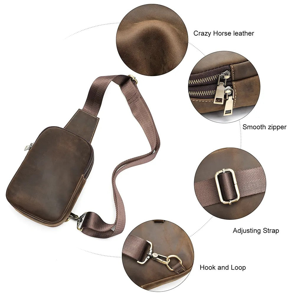 Barcon Getta Inc brown leather cross-body bag with adjustable strap and smooth zippers.