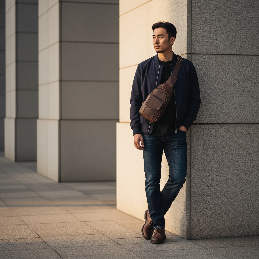 Barcon Getta Inc brown leather cross-body bag with adjustable strap and multiple compartments.