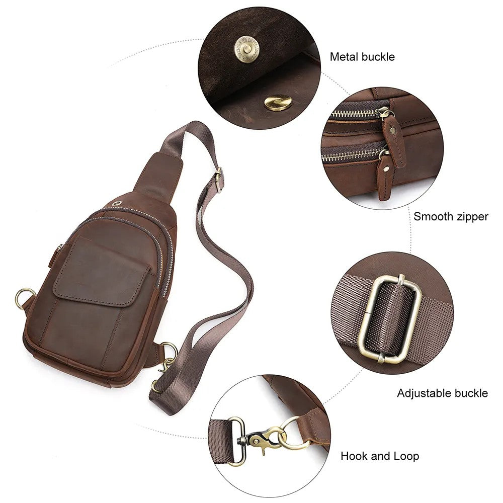 Barcon Getta Inc brown leather cross-body bag with adjustable strap, metal buckle, and smooth zippers.
