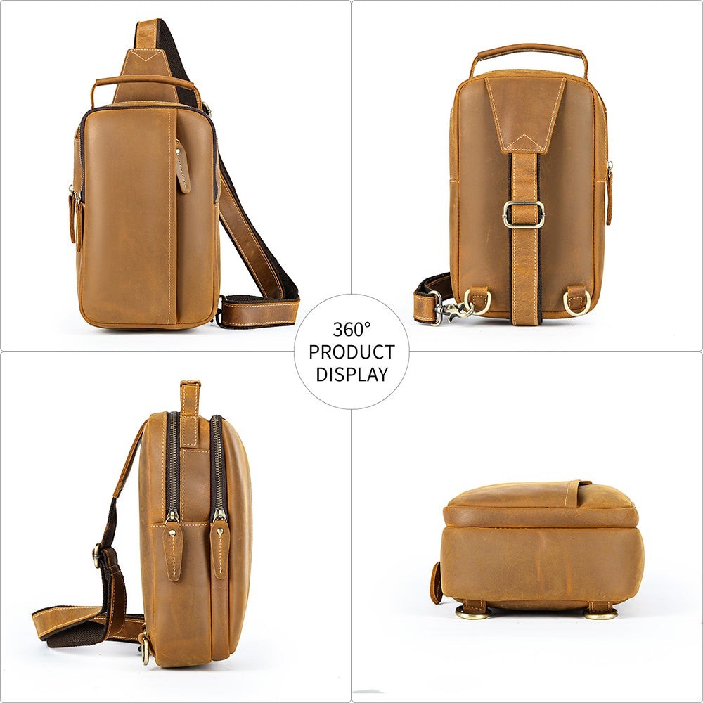 Barcon Getta Inc MERIDIAN brown genuine leather vertical cross-body bag with multiple zippered compartments and adjustable strap.
