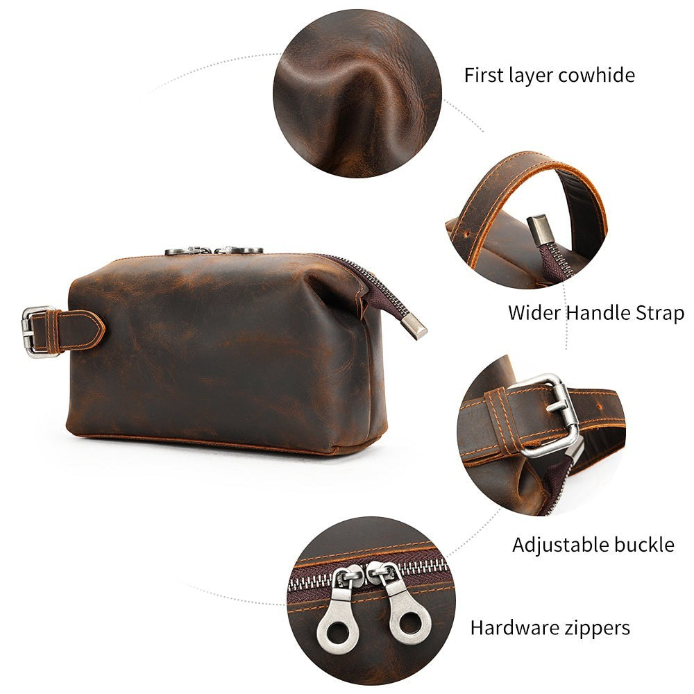 Barcon Getta Inc brown distressed leather dopp kit with wider handle strap, adjustable buckle, and hardware zippers.
