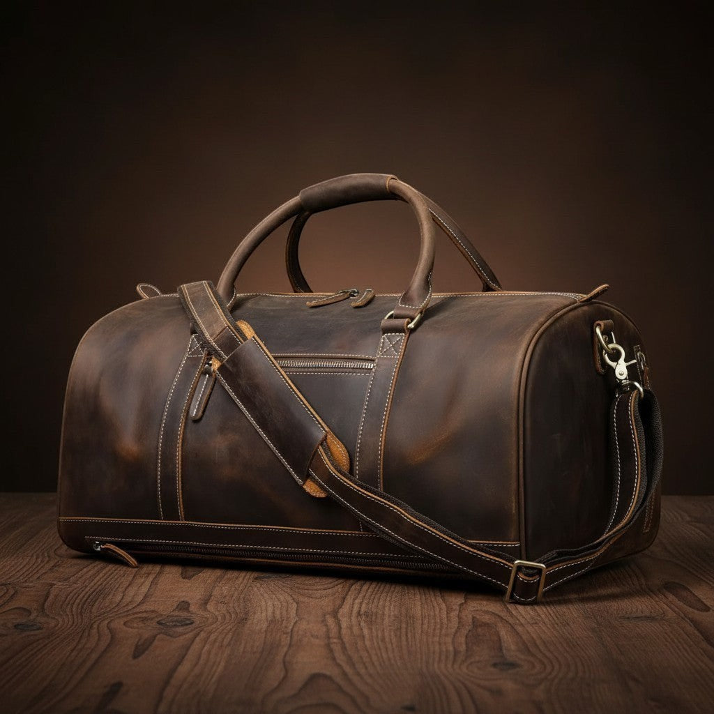 Barcon Getta Inc distressed brown leather duffel bag with top handles and adjustable shoulder strap, perfect for travel or gym.